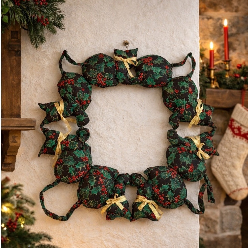 Vintage‎ Stuffed Cat Christmas Wreath Cottagecore Holiday Wall Decor Fabric Cats
